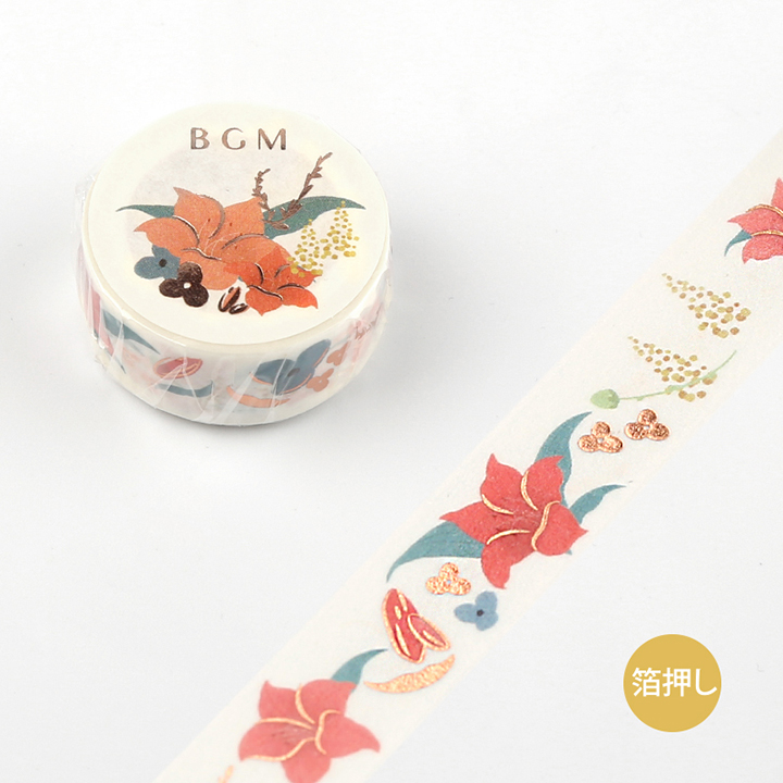 BGMマスキングテープ Life 箔押し 15mm レッドフラワー(BM-LGCA006)【ネコポスOK】