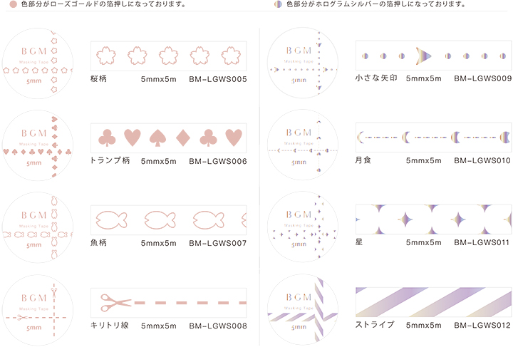 BGMマスキングテープ Life 箔押し 5mm(BM-LGWS005~012)【ネコポスOK】