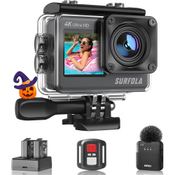 [アクションカメラ] ワイヤレスマイク付属 4K 60fps 24MP解像度 タッチパネル式 デュアルカラースクリーン WiFi搭載 8倍デジタルズーム 水中カメラ リモコン付き EIS手ブレ補正 水深40m HDMI出力 1050mAh大容量バッテリー2個付 mc-azac002