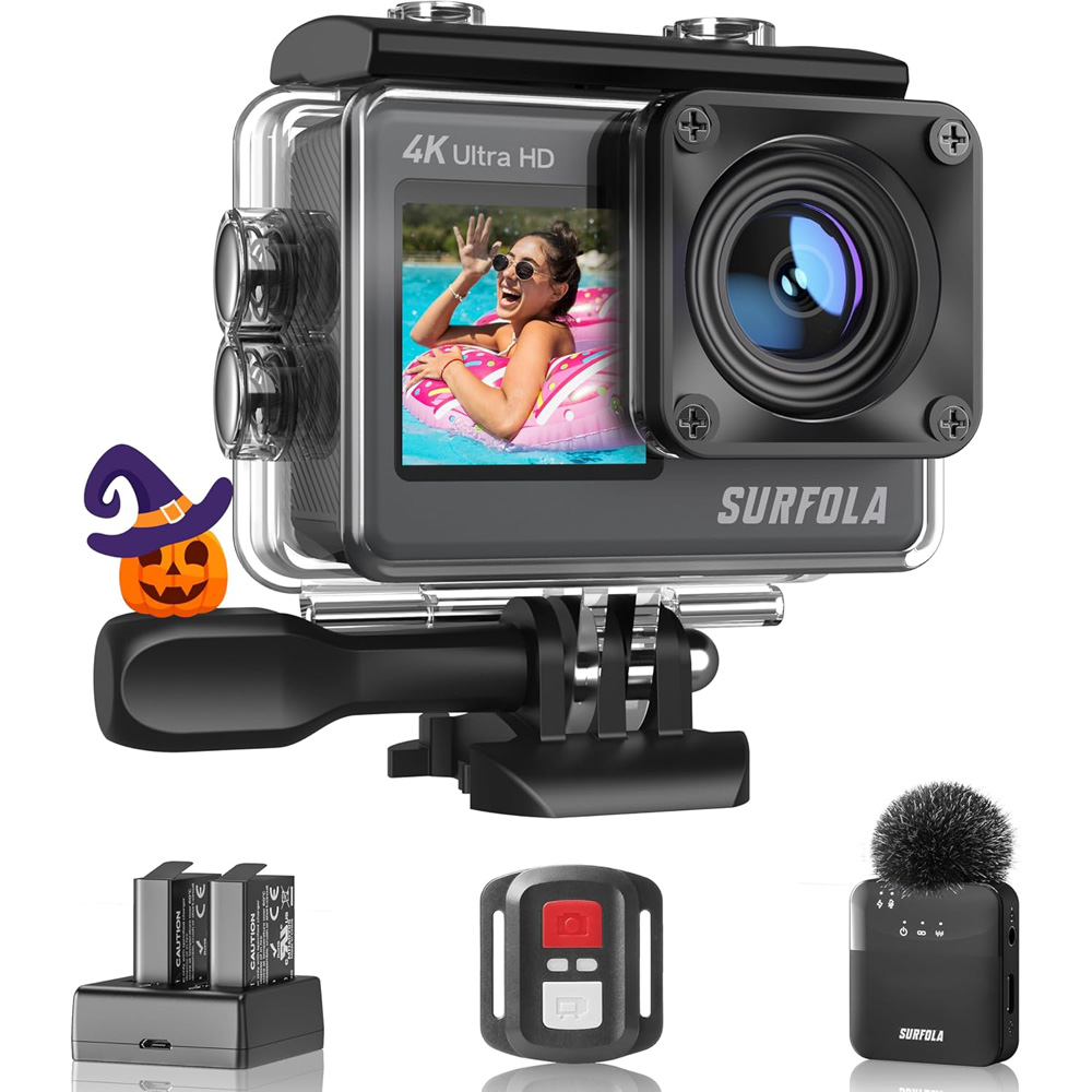 [アクションカメラ] ワイヤレスマイク付属 4K 60fps 24MP解像度 タッチパネル式 デュアルカラースクリーン WiFi搭載 8倍デジタルズーム 水中カメラ リモコン付き EIS手ブレ補正 水深40m HDMI出力 1050mAh大容量バッテリー2個付 mc-azac002