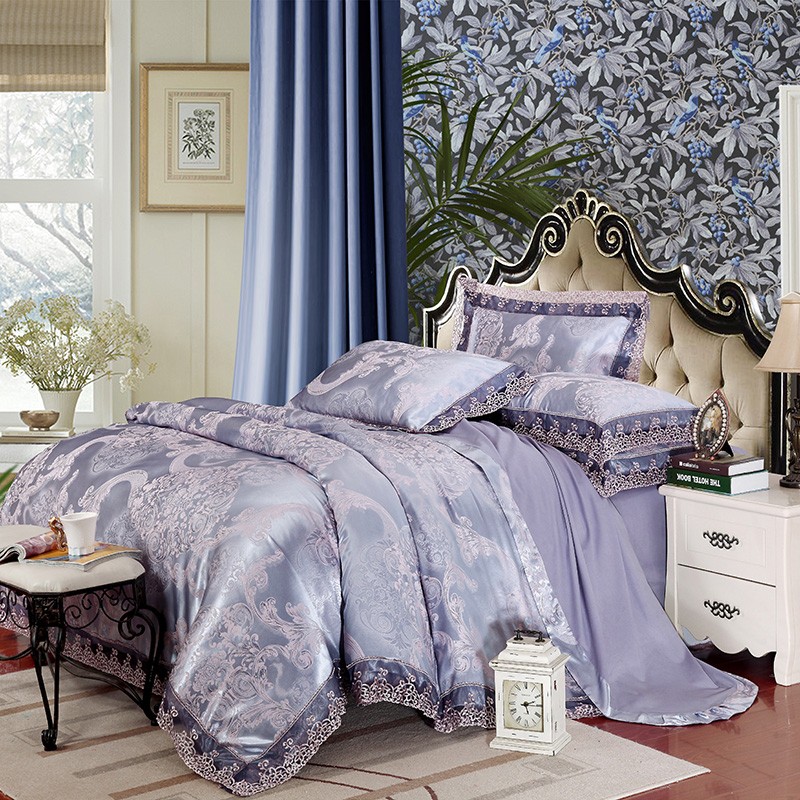 高級ジャガード織り　レースエッジ　掛け布団カバー・フラットシーツ・ピローケース×2　4Pセット　1400　ダブル・クイーン　送料無料