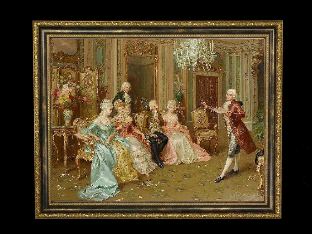 ヨーロッパ絵画　貴族・貴婦人　393S　58×46  ロココ額絵  送料無料