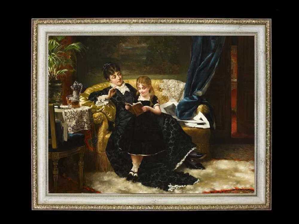 ヨーロッパ絵画　貴婦人と子供  047L　98×78  ロココ額絵  送料無料