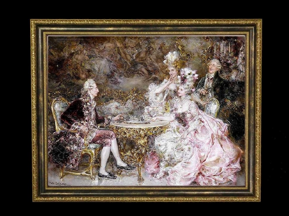 ヨーロッパ絵画　貴族・貴婦人　692S　58×46  ロココ額絵  送料無料