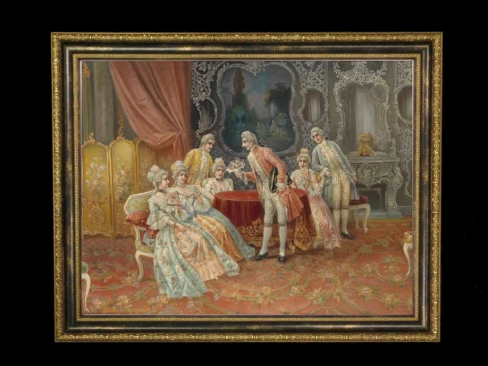 ヨーロッパ絵画　貴族・貴婦人　917S　58×46  ロココ額絵  送料無料