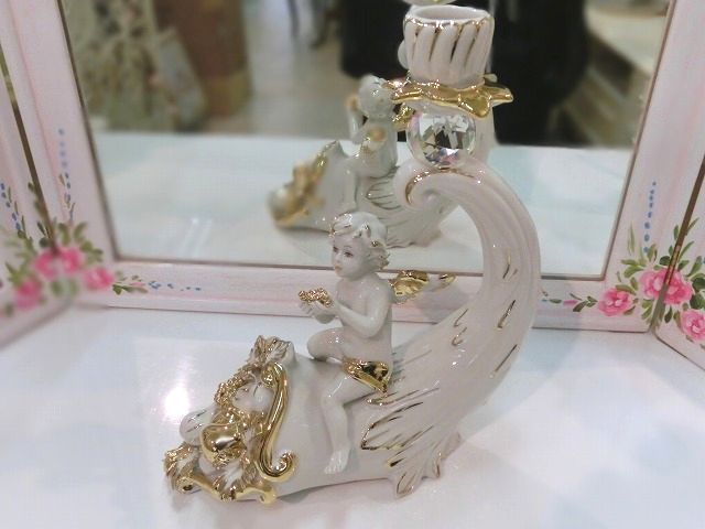 イタリア製　セラミック　エンジェル　キャンドルスタンド　ホワイト・ゴールド　スワロフスキー　タイプA　送料無料