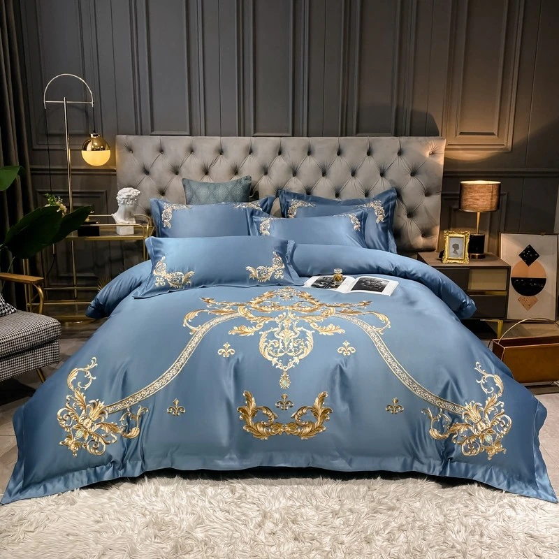 豪華刺繍　掛け布団カバー・シーツ・ピローケース×2　4Pセット　m1-bl　ブルー系　クイーン・キング　送料無料