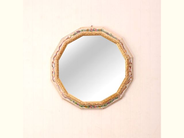イタリア　12角ミラー　ゴールド・ペイントフラワーフレーム