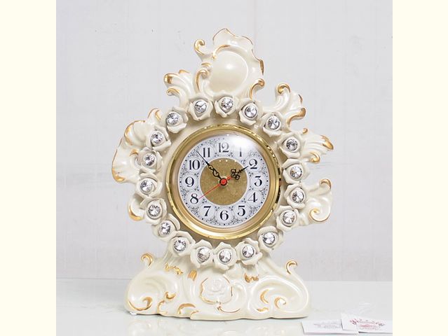 イタリア製　セラミック　置き時計　ホワイト・ゴールド　ラインストーン　送料無料