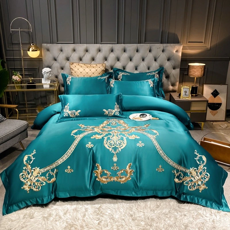 豪華刺繍　掛け布団カバー・シーツ・ピローケース×2　4Pセット　m1-gr　グリーン系　クイーン・キング　送料無料