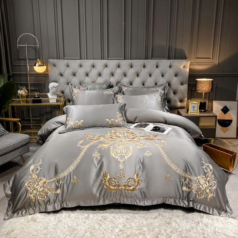 豪華刺繍　掛け布団カバー・シーツ・ピローケース×2　4Pセット　m1-gry　グレー系　クイーン・キング　送料無料