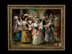 ヨーロッパ絵画　貴族・貴婦人 舞踏会　 925S　58×46  ロココ額絵  送料無料