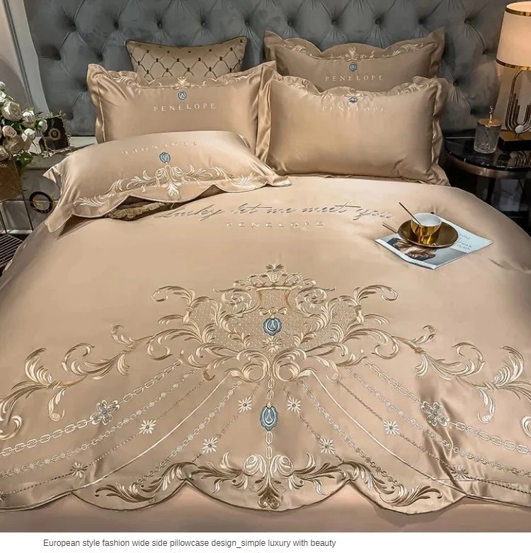 豪華刺繍　掛け布団カバー・シーツ・ピローケース×2　4Pセット　m5-be　ベージュ系　クイーン・キング　送料無料