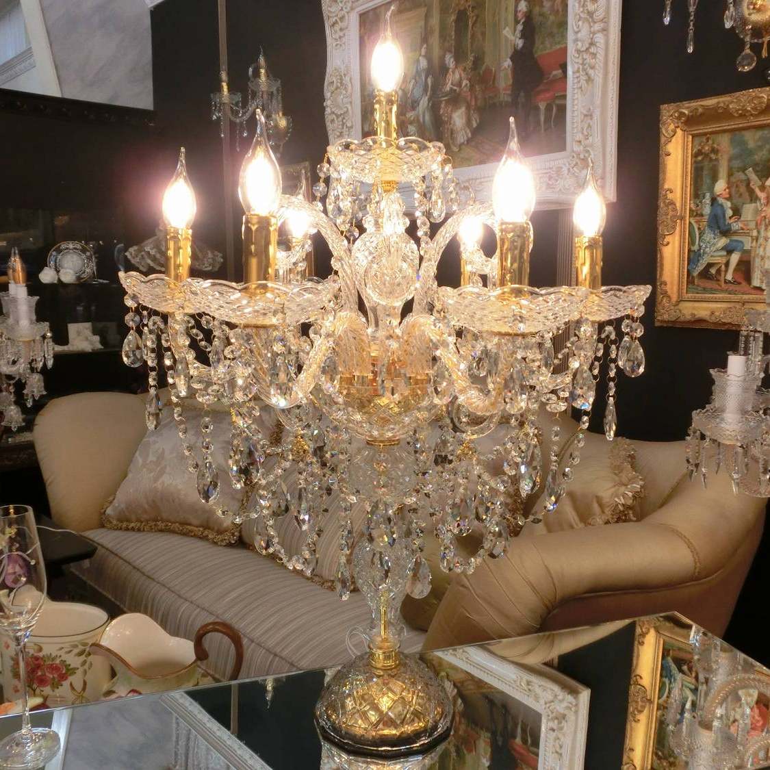 オリジナル　クリスタルテーブルランプ　7灯  トップライト付　ゴールドロウソクソケット　tl7-unw-go  送料無料