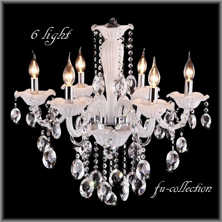 クリスタル　シャンデリア　6灯 ホワイト/クリア　LED4Wキャンドル型電球付　送料無料