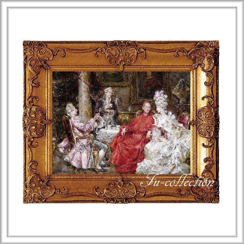 中世ヨーロッパ貴族を描いたロココ額絵 W65cm H55cm ロココ額絵 中世ヨーロッパ貴族 ゴールドダブルフレーム W65cm H55cm