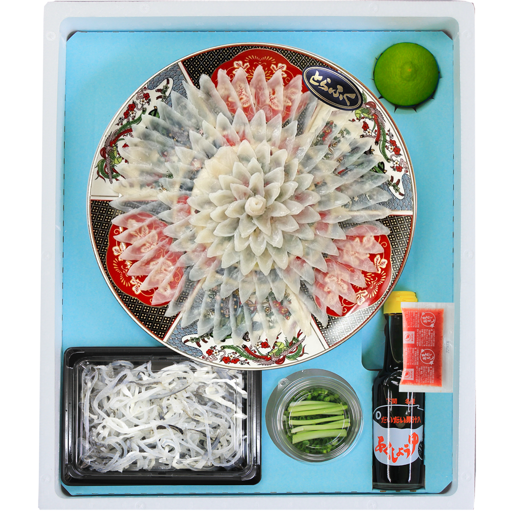 送料無料  国産とらふぐ刺身（3-4人前・30cm陶器皿）／下関工場直送、株式会社魚重