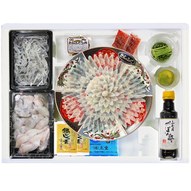 送料無料 国産とらふぐ刺身・ちり鍋セット（3-4人前・30cm陶器皿）／下関工場直送、株式会社魚重