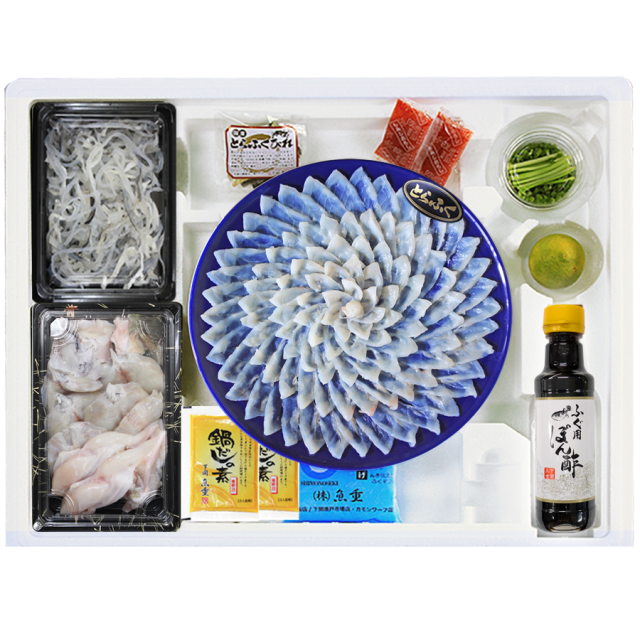 送料無料 国産とらふぐ刺身・ちり鍋セット（3-4人前・30cmプラ皿）／下関工場直送、株式会社魚重