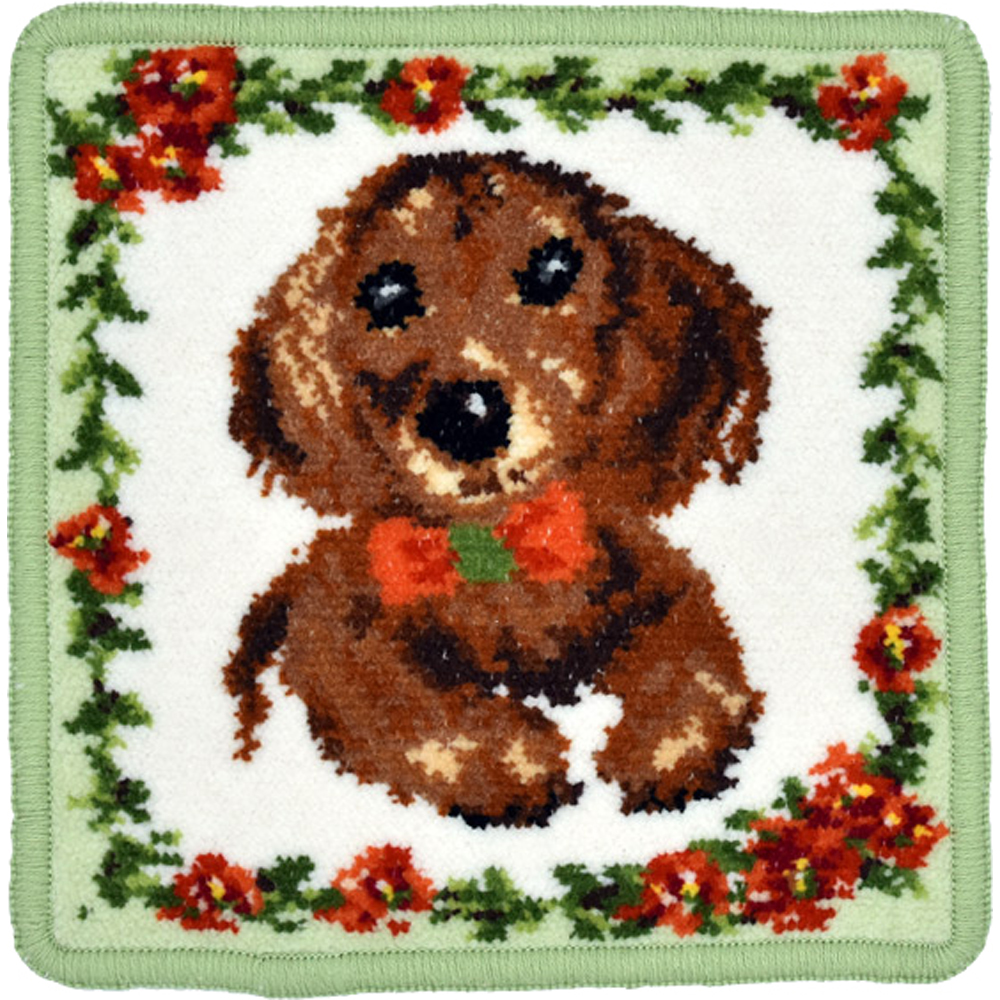 ダックスフンド柄 ミニハンカチ グリーン 17cm Enjeau アーンジョー