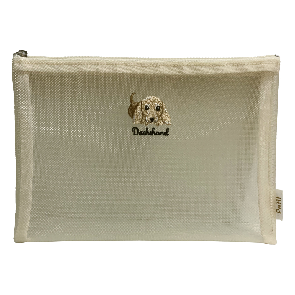ダックスフンド柄 メッシュ フラットポーチ ベージュ Enjeau アーンジョー EjPetit