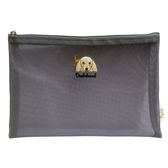 ダックスフンド柄 メッシュ フラットポーチ グレー Enjeau アーンジョー EjPetit