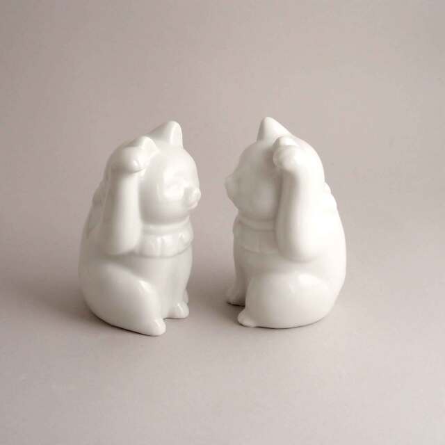 まとめ買い割引】招き猫(絵付・白磁) 絵付け皿、小物のフジコウセラミック