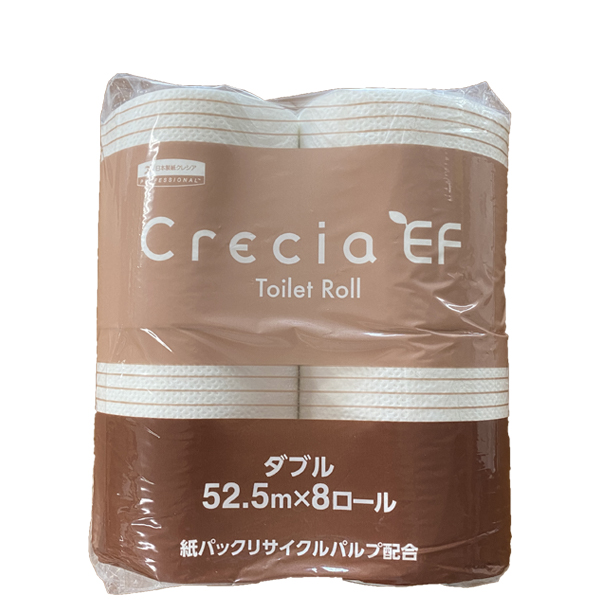 クレシアEF  トイレットロール　52.5m ダブル　パルプ＋紙パック　リサイクルパルプ 52.5mダブル　8ロール×8パック／ケース　20841