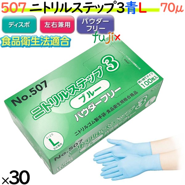 507 ニトリルステップ3  ブルー パウダーフリー L 食品衛生法適合 業務用 調理用 介護用 4520951015527 エブノ