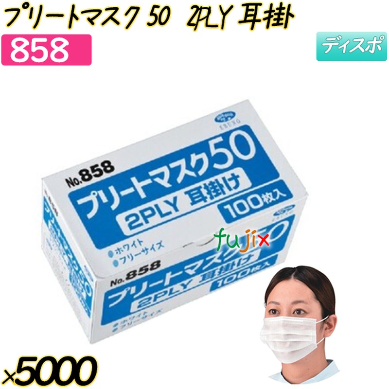 プリートマスク50　2PLY　耳掛 ホワイト 5000枚(100枚×50箱)／ケース 【858】 使い捨てマスク