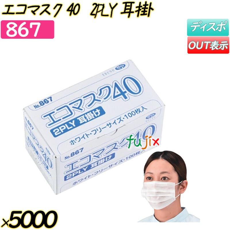 エコマスク40　2PLY　耳掛 ホワイト 5000枚(100枚×50箱)／ケース 【867】 使い捨てマスク