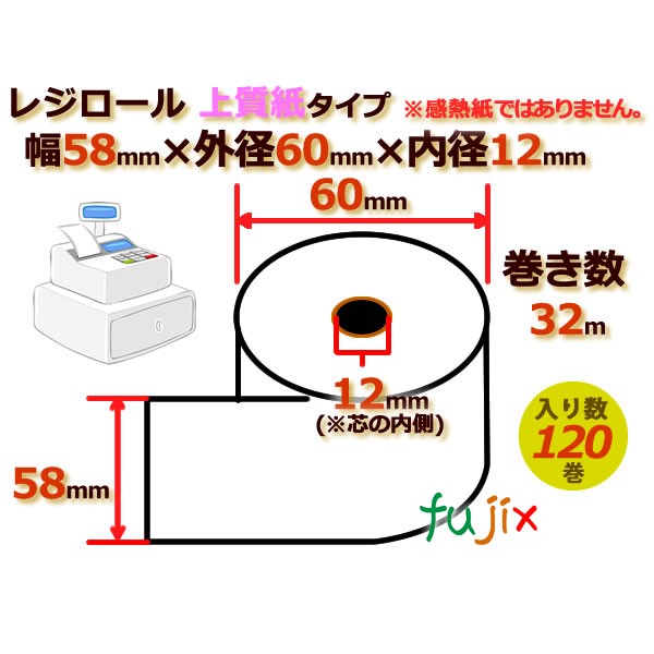レジロール 上質紙(普通紙)幅58mm 外径60mm×内径12mm 120巻／ケース RP586012