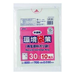 環境袋策　30L　再生LL 再生LDPE 半透明0.03mm 300枚/ケース LR-34 ジャパックス