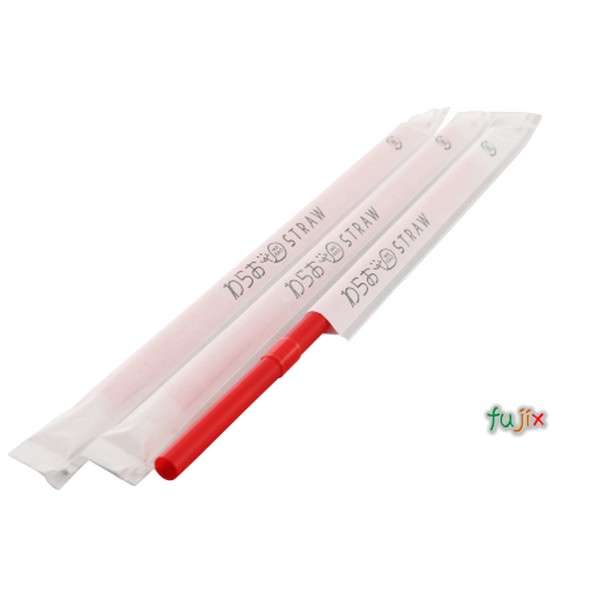 ジュース用ショート フレックスストロー 6mm×17cm 紙包装 赤色 10000本（500本×20小箱）／ケース わらおstraw 382