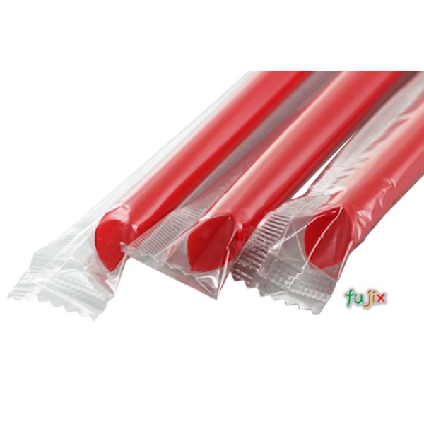 タピオカ蓋突刺し用 片先斜めストロー 10mm×19cm フィルム包装 赤色 2000本（100本×20小箱）／ケース わらおstraw 631