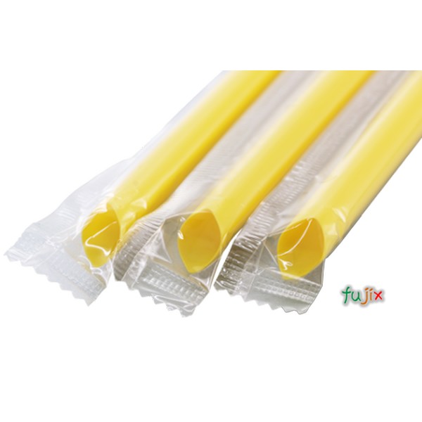 タピオカ蓋突刺し用 片先斜めストロー 10mm×19cm フィルム包装 黄色 2000本（100本×20小箱）／ケース わらおstraw 632