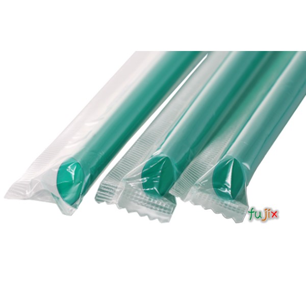 タピオカ蓋突刺し用 片先斜めストロー 10mm×19cm フィルム包装 緑色 2000本（100本×20小箱）／ケース わらおstraw 633