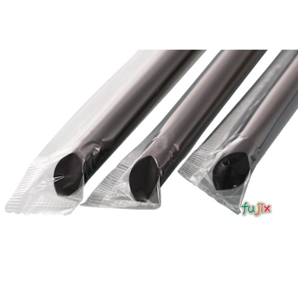 タピオカ蓋突刺し用 片先斜めストロー 10mm×19cm フィルム包装 黒色 2000本（100本×20小箱）／ケース わらおstraw 635