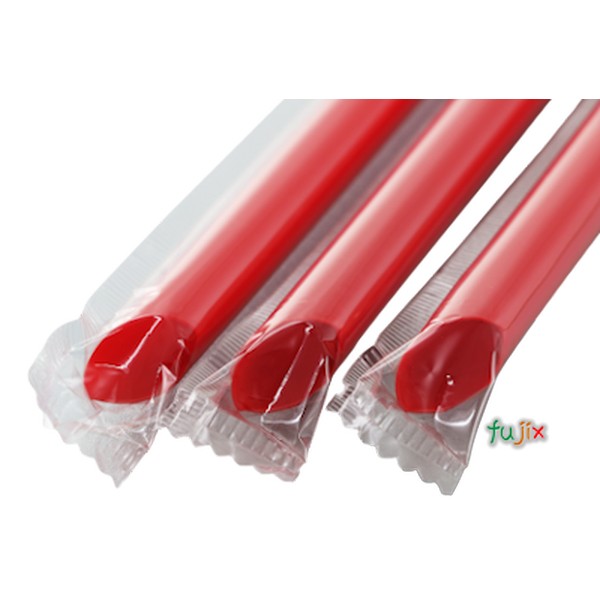 タピオカ蓋突刺し用 片先斜めストロー 12mm×18cm フィルム包装 赤色 3400本（170本×20小箱）／ケース わらおstraw 641