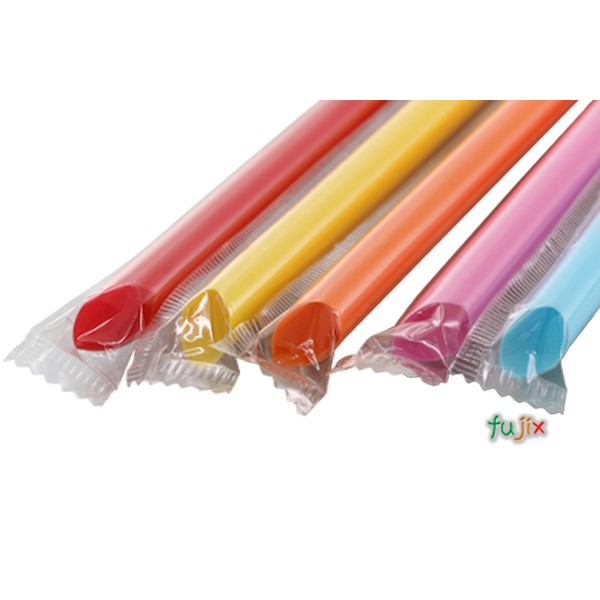 タピオカ蓋突刺し用 片先斜めストロー 12mm×18cm フィルム包装 5色アソート 3400本（170本×20小箱）／ケース わらおstraw 644