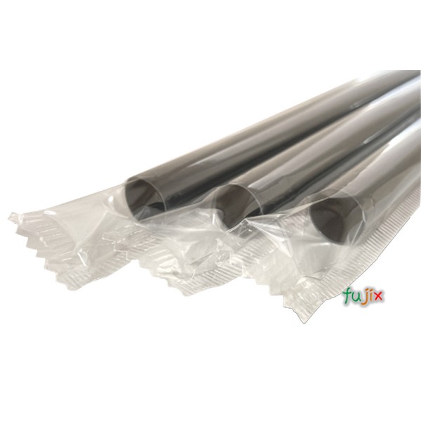 タピオカ用 ストレートストロー 12mm×21cm フィルム包装 黒色 3000本（150本×20小箱）／ケース わらおstraw 763