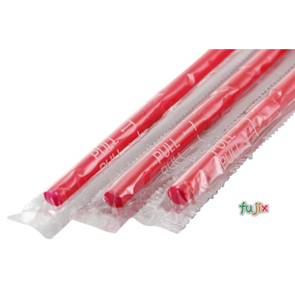 輸入　ジュース用 フレックスストロー 6mm×21cm フィルム包装 赤色 10000本（500本×20小箱）／ケース わらおstraw 901