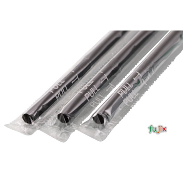 輸入　ジュース用 フレックスストロー 6mm×21cm フィルム包装 黒色 10000本（500本×20小箱）／ケース わらおstraw 902