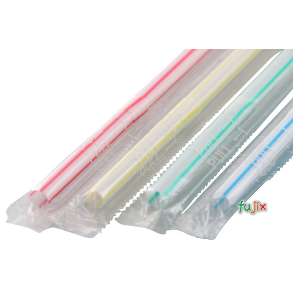 輸入　ジュース用 フレックスストロー 6mm×21cm フィルム包装 ストライプ白地 10000本（500本×20小箱）／ケース わらおstraw 905