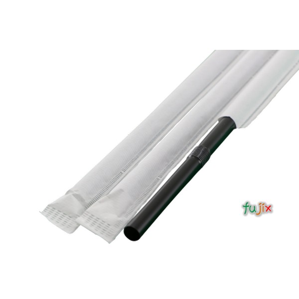 輸入　ジュース用 フレックスストロー 6mm×21cm 紙包装 黒色 10000本（500本×20小箱）／ケース わらおstraw 907