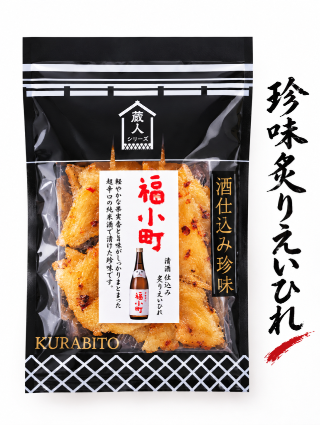 【酒漬け珍味！6個までレターパックで発送可能！】福小町仕込み・炙りえいひれ（パッケージが画像と異なる場合があります）