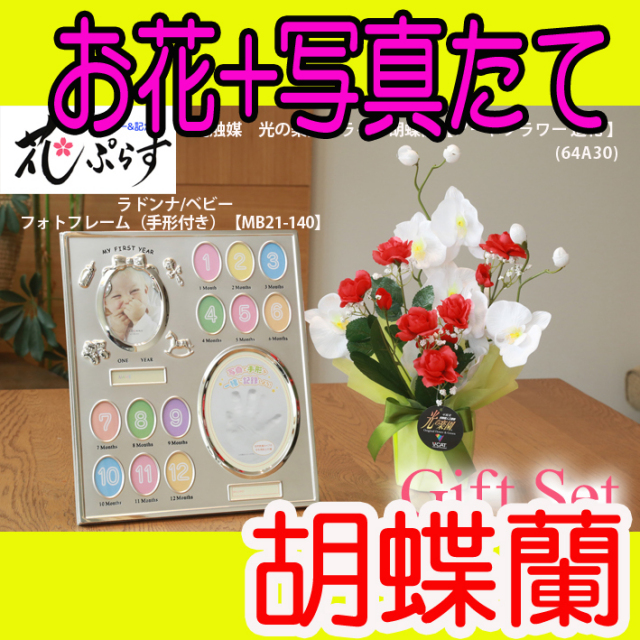 《出産祝い》花ぷらす《ベビーフォトフレーム(手形付き)》ブライト胡蝶蘭64A30-mb21-140ギフトセット