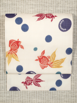 反物　未仕立て　江戸の粋　金魚鉢の金魚　綿紅梅　木綿 紅梅 水泡に金魚文 名古屋帯：風楽