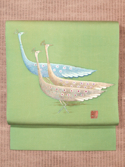 専用帯1980 2002 2083 三本セット●高級 正絹 塩瀬 名古屋帯 孔雀 塩瀬 萌黄色地に孔雀柄 名古屋帯：風楽