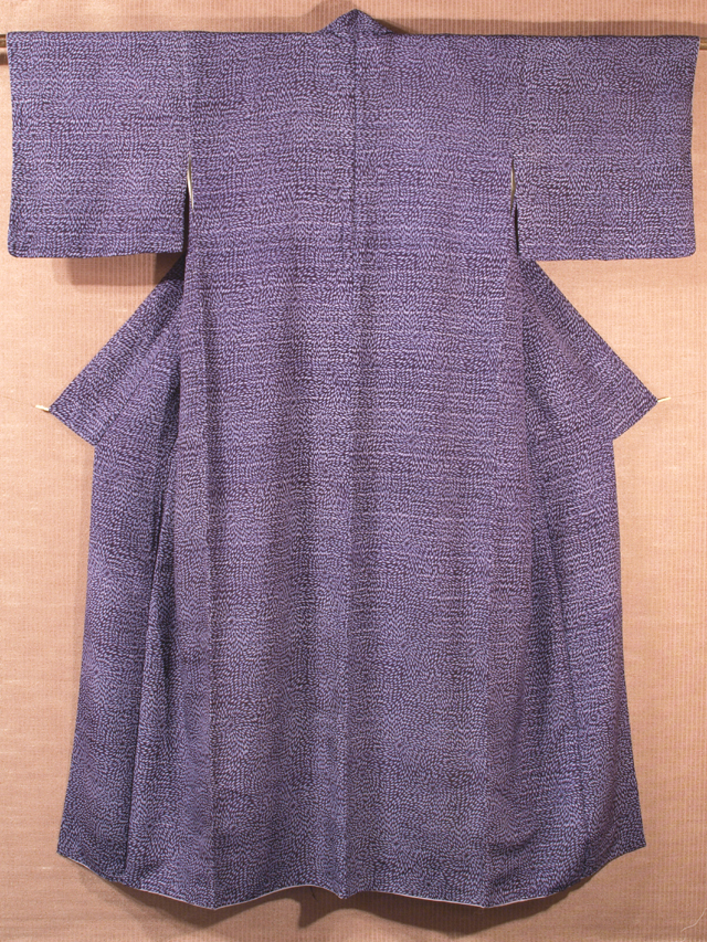 紬 横縞に菊文 江戸紫地袷の全体